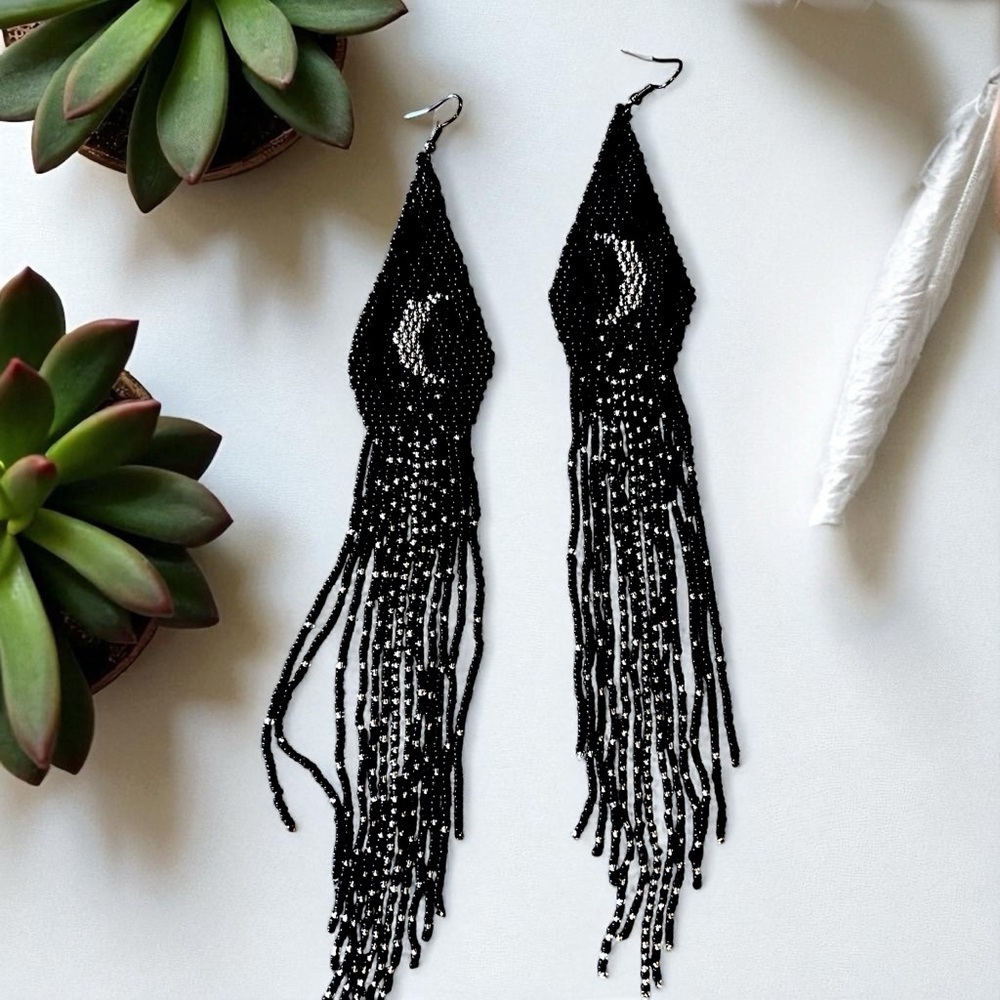 Hand Beaded Black/White/Silver Extra Long Gothic Crescent Moon Earrings 9.5”long